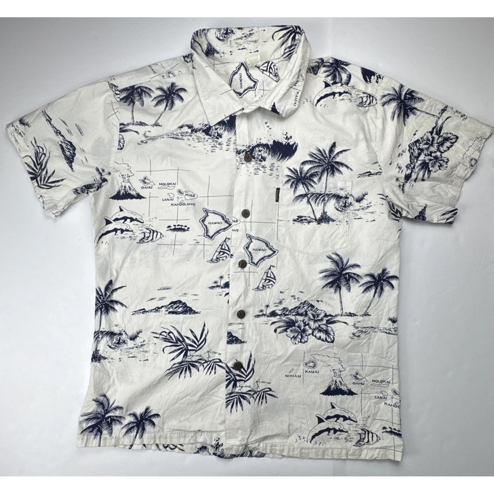 Palmwave Hawaii Shirt Island Map Print Cotton Short Sleeve Large Cream Navy Blue